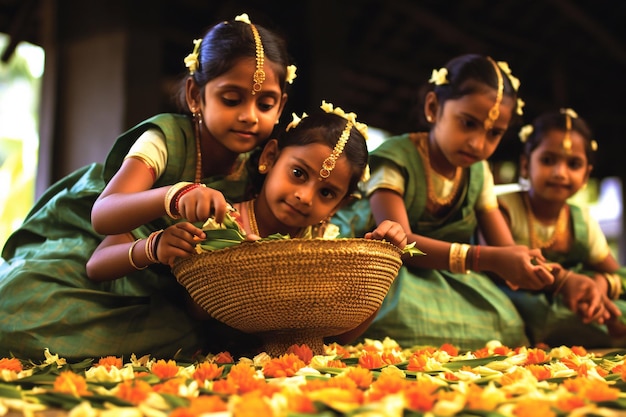 Onam-festival Cultuur en tradities van India Lammas Kleine Indiase meisjes op Onam-festival