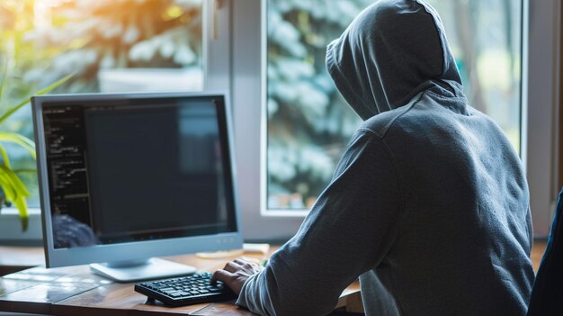 Onbekende cybercriminal hacker voert illegale activiteiten uit op computer moody indoor setting