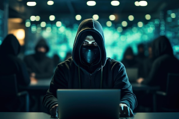 Onbekende hacker in een donkere kamer met meerdere computer schermen cyber aanval plannen digitale manipulatie computer beveiliging dreiging online infiltratie hacker werken in het geheim