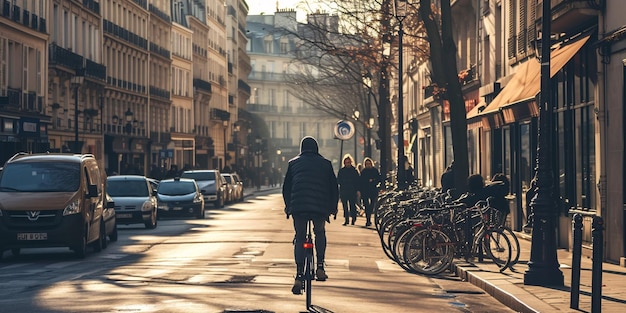 Onbekende man fietsen langs de weg in Parijs Frankrijk