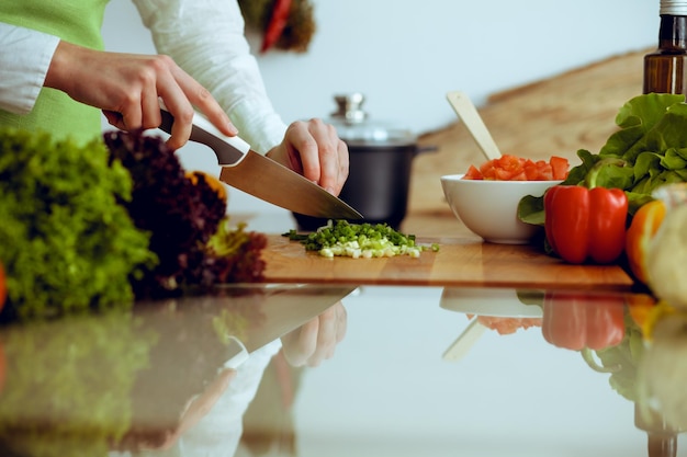 Onbekende menselijke handen koken in de keuken. Vrouw die groene ui snijdt. Gezonde maaltijd en vegetarisch voedselconcept.