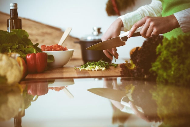 Onbekende menselijke handen koken in de keuken. Vrouw die groene ui snijdt. Gezonde maaltijd en vegetarisch voedselconcept.