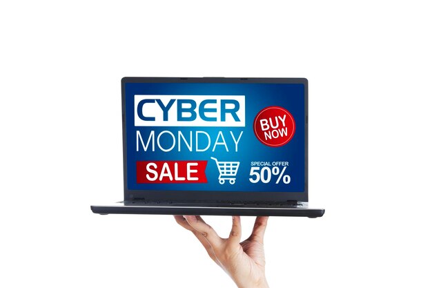 Foto onbekende persoon toont cyber monday sale tekst