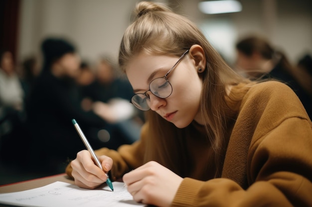 Onbekende student aan de universiteit die aantekeningen schrijft en denkt met generatieve AI.