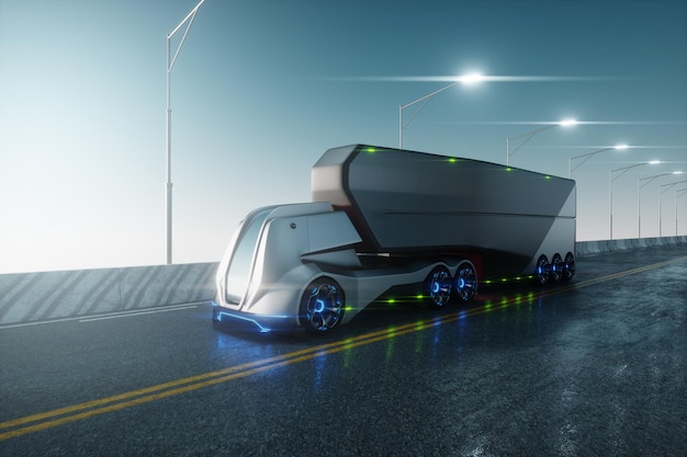 Onbemand autonoom vrachtvervoer Een autonome elektrische zelfrijdende vrachtwagen rijdt over de weg Snel vrachtvervoer zonder chauffeurs 3D render 3D illustratie