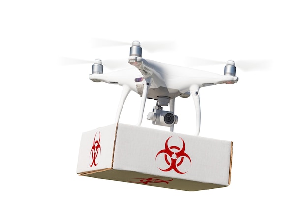 Onbemand vliegtuigsysteem UAV Quadcopter Drone-draagpakket met Biohazard-symboollabel op wit