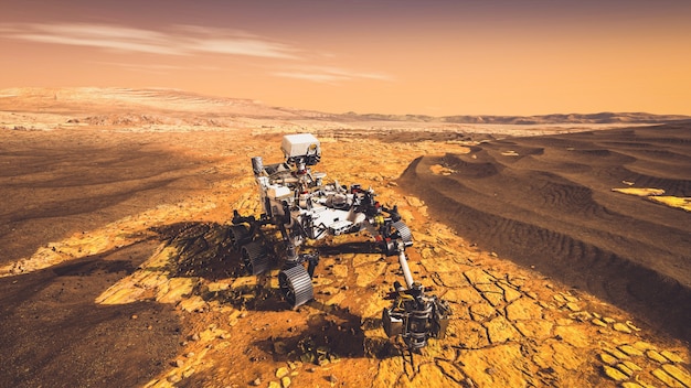 Onbemand voertuig op verkenningsmissie Mars rijdt door planeetgrond.
