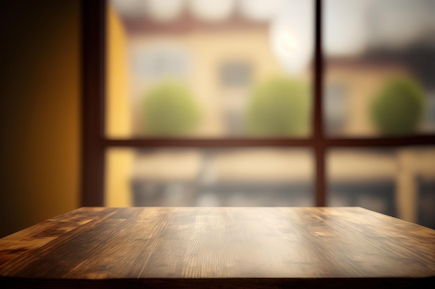 Onbezette houten bordtafel voor wazige achtergrond Coffeeshop met perspectief bruin hout