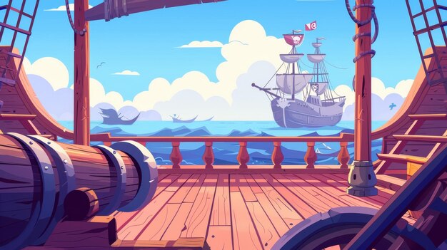 Photo onboard view of pirate ship deck 2d adventure scene wooden brigantine boat with cannon buccaneer frigate with jolly roger flag on seascape cartoon illustration