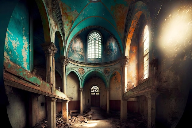 The once splendid ornamentation of abandoned church was demolished and deteriorated