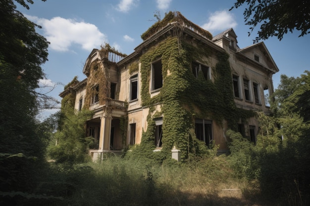 A oncegrand mansion now broken and overgrown with vines created with generative ai