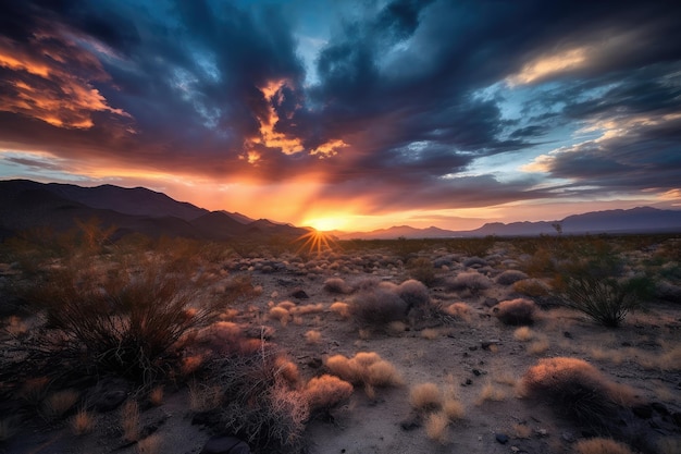 Onceinalifetime sunrise or sunset with vibrant colors and dramatic clouds over desert landscape