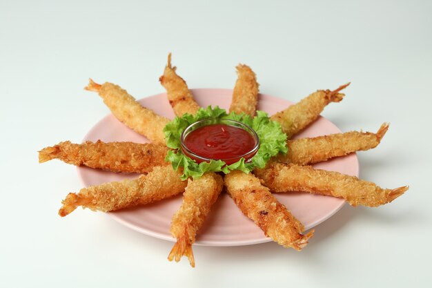 ÃÂ¡oncept of tasty food with deep-fried shrimp on white background