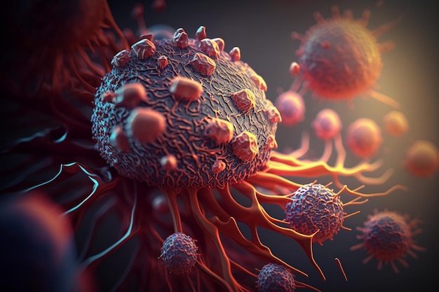 Онкология Раковые клетки Химиотерапевтическое лечение злокачественных новообразований в организме человека, вызванных канцерогенами и генетикой, с раковой клеткой в качестве символа иммунотерапии и медикаментозной терапии