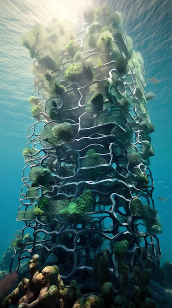 Foto onder de golven verkennen spreadsheets als een bloeiend biomassa rooster dat de mariene fauna ondersteunt