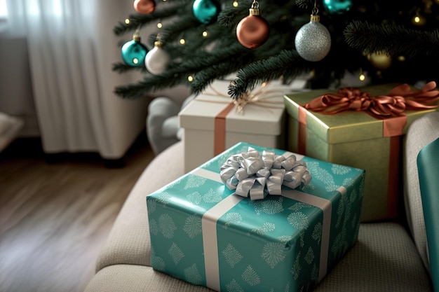 Onder de kerstboom in de woonkamer liggen ingepakte cadeautjes