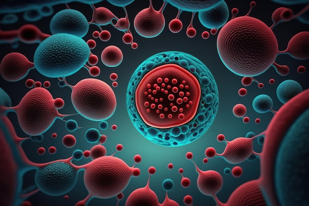 Onder de microscoop Menselijke cel embryonaal Mooie kleurrijke 3D-afbeelding Generatieve AI