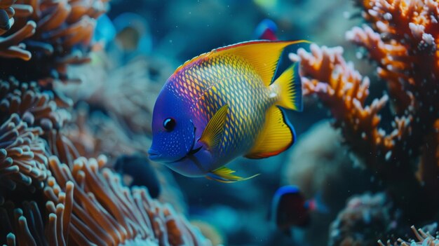 Onder het oppervlak van de kristallen blauwe oceaan is een charmante tropische vis te vinden.