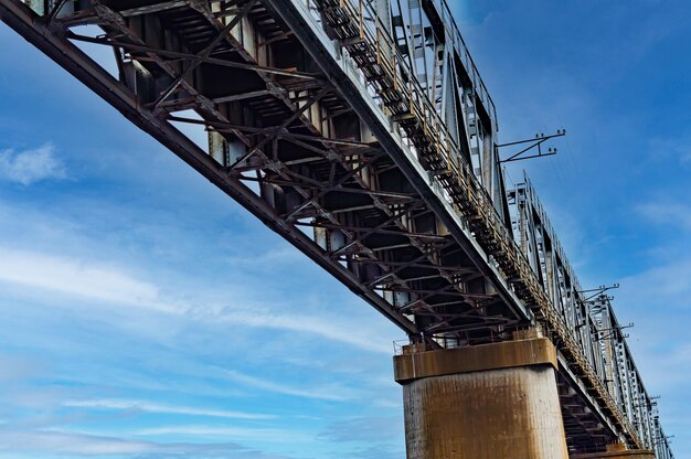 Onderaanzicht van de spoorbrug tegen de blauwe lucht