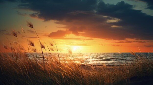 Foto ondergaande zon op het strand met gras vooraan silhouet concept
