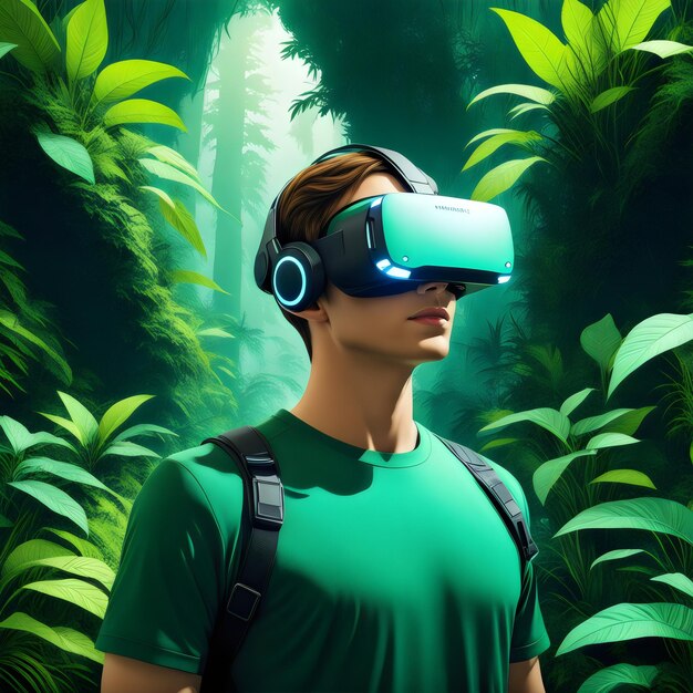 Ondergedompeld in groen Futuristische VR-exploratie voor een jonge man