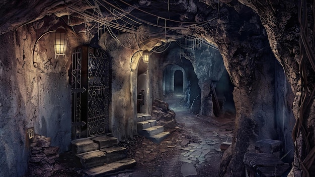 Ondergrondse labyrint van kronkelende tunnels en geheime kamer Donkere plek geesten stof geheime tunnel paranormale gotische middeleeuwen ruïnes vochtigheid mystiek angst Generatief door AI