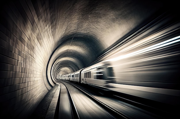 Ondergrondse treintunnel met passerende metro en bewegingsonscherpte gecreëerd met generatieve AI