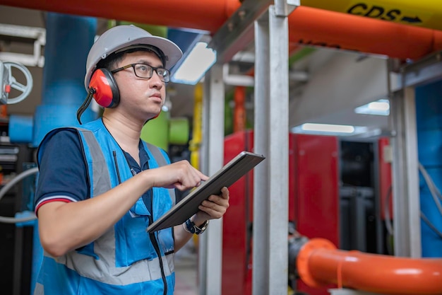 Onderhoudsmonteur bij een verwarmingsinstallatiePetrochemische arbeiders houden toezicht op de werking van gas- en oliepijpleidingen in de fabriek Ingenieurs plaatsen gehoorbeschermers Bij kamer met veel leidingen