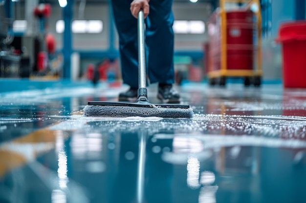 Onderhoudspersoneel van epoxyvloeren schoonmaken met een dweil in uniform