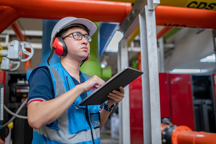 Onderhoudstechnicus bij een verwarmingsinstallatie Petrochemische arbeiders houden toezicht op de werking van gas- en oliepijpleidingen in de fabriek Ingenieurs plaatsen gehoorbeschermers in een kamer met veel leidingen