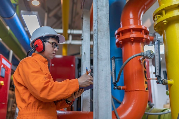 Onderhoudstechnicus bij een verwarmingsinstallatie Petrochemische arbeiders houden toezicht op de werking van gas- en oliepijpleidingen in de fabriek Ingenieurs plaatsen gehoorbeschermers in een kamer met veel leidingen
