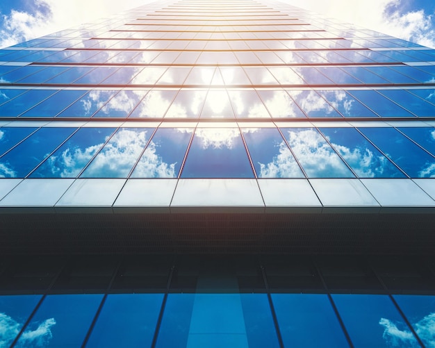 Onderkant panoramisch en perspectief zicht op hoogbouw wolkenkrabbers van staalblauw glas