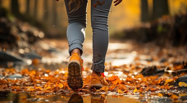 Onderkant van de voet van een vrouw die door herfstbladeren in het bos loopt Concept van actieve levensstijl