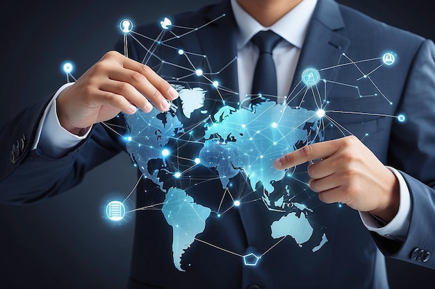 Ondernemer die de klant raakt wereldwijde structuur netwerken en gegevensuitwisselingen verbinding digitale marketing