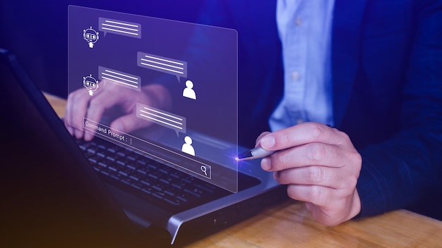 Ondernemer die een digitale chatbot gebruikt voor robottoepassing gespreksassistent AI kunstmatige intelligentie concept digitale chatbot op virtueel scherm virtuele assistenten op internet