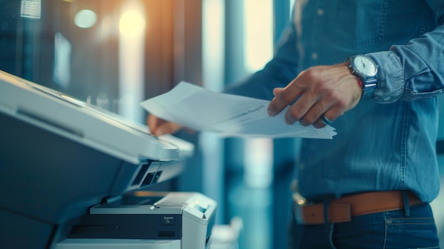 Ondernemer die een multifunctionele printer gebruikt op kantoor voor het afdrukken van documenten en papierwerk