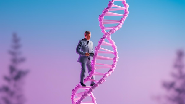 Foto ondernemer die onderzoek doet naar de structuur van dna-moleculen genetische techniek gmo en genmanipulatie concept generatieve ai