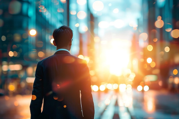 Ondernemer kijkt naar de zonsopgang in de stad Oranje bokeh achtergrond