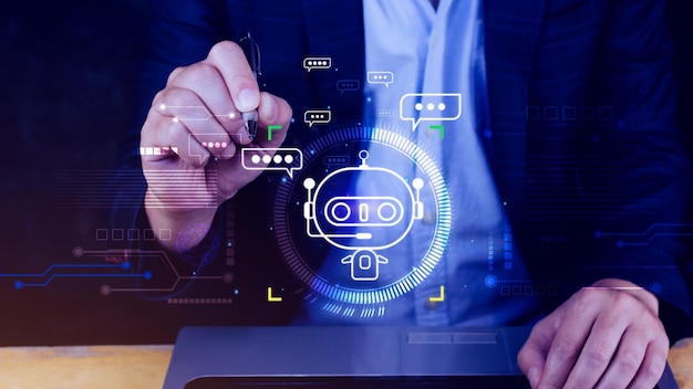 Ondernemer met behulp van digitale chatbot robot applicatie gesprek assistent AI kunstmatige intelligentie concept digitale chatbot op virtueel scherm
