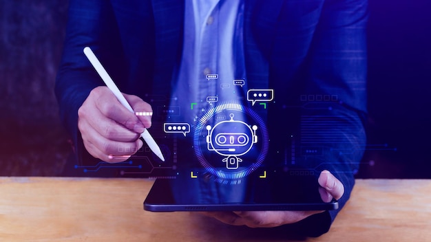Ondernemer met behulp van digitale chatbot robot applicatie gesprek assistent AI kunstmatige intelligentie concept digitale chatbot op virtueel scherm