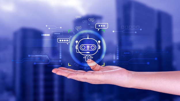Ondernemer met behulp van digitale chatbot robot applicatie gesprek assistent AI kunstmatige intelligentie concept digitale chatbot op virtueel scherm