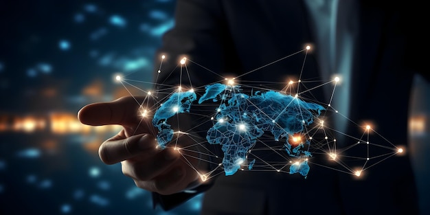 Ondernemer raakt concept van wereldwijde netwerkconnectiviteit over digitale wereldkaart achtergrond