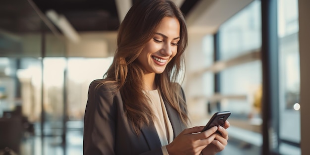 Ondernemer voor kleine bedrijven kijkt naar zijn mobiele telefoon en glimlacht terwijl hij praat met zijn kantoorcollega's