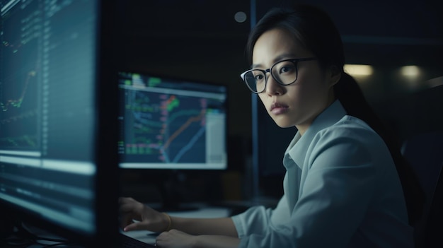 Ondernemer Vrouw Aziatisch volwassen Analyse van financiële gegevens op computer in Office Generative AI AIG22