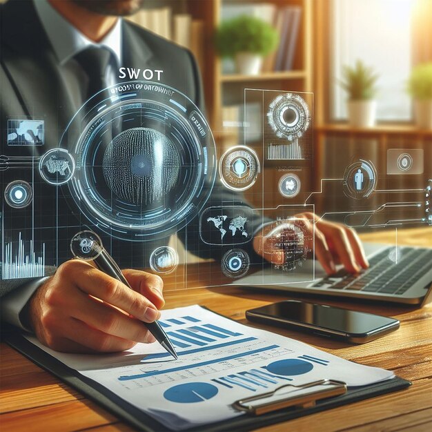 Ondernemer werkt aan een project voor SWOT-analyse van bedrijfsfinanciële verslagen met augmented reality