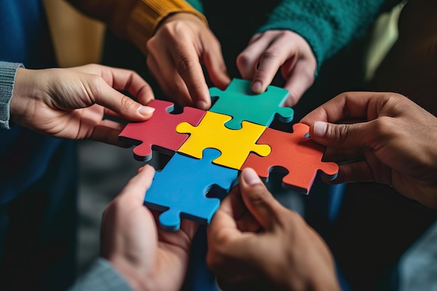 Ondernemers die samen een puzzel bouwen als teamwerk, partnerschap en integratieconcept