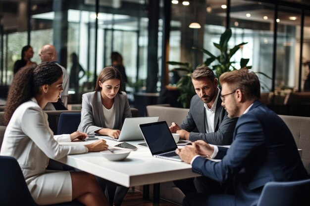 Ondernemers die tijdens de bijeenkomst een discussie hebben terwijl ze samenwerken aan een nieuw project in een moderne werkruimte