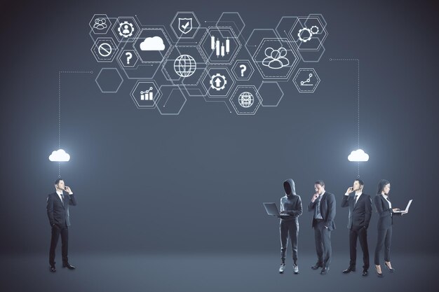 Ondernemers en hacker en gloeiende creatieve digitale zakelijke interface