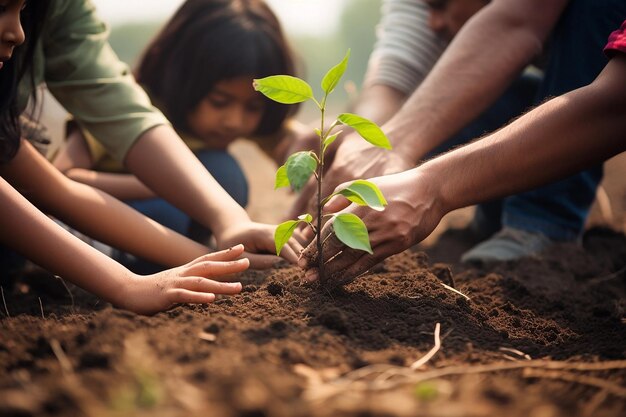 Foto ondernemers planten planten jonge vrijwilligers planten bomen in de frisse lucht graven de grond en praten vrolijk een groep vastberaden mensen planten jonge zaailingen op het perceel
