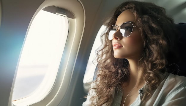 Ondernemingsvrouw in het vliegtuig bij het raam vliegt op vakantie 8 maart Wereldvrouwendag